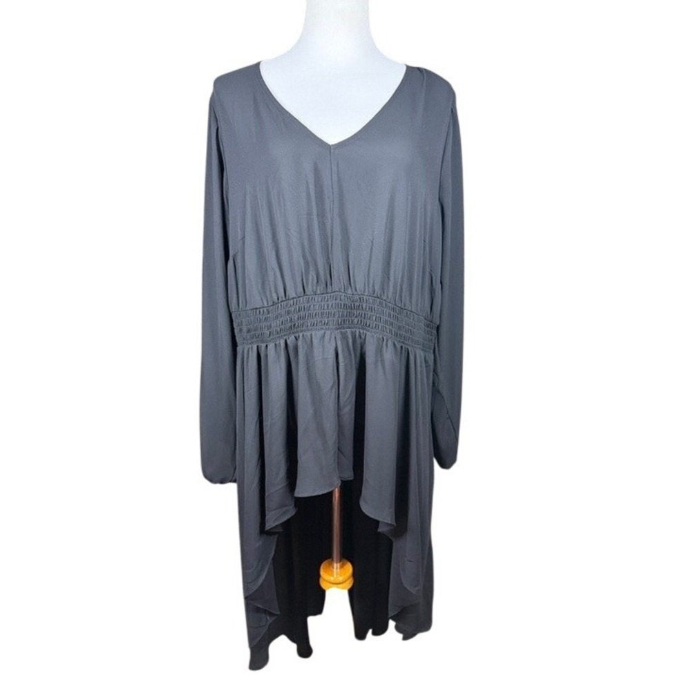 Torrid Women Black Georgette Smocked Hi-Lo Tunic V-Neck Long Sleeve Top 3 3X NEW